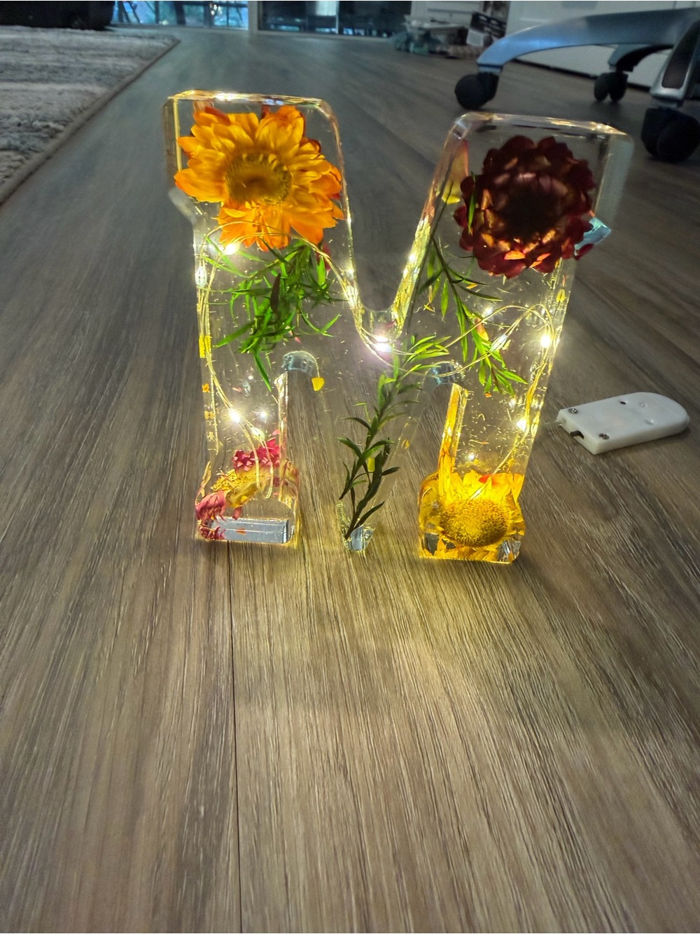 Source Unknown Resin Letter M with Yellow and Orange Flowers